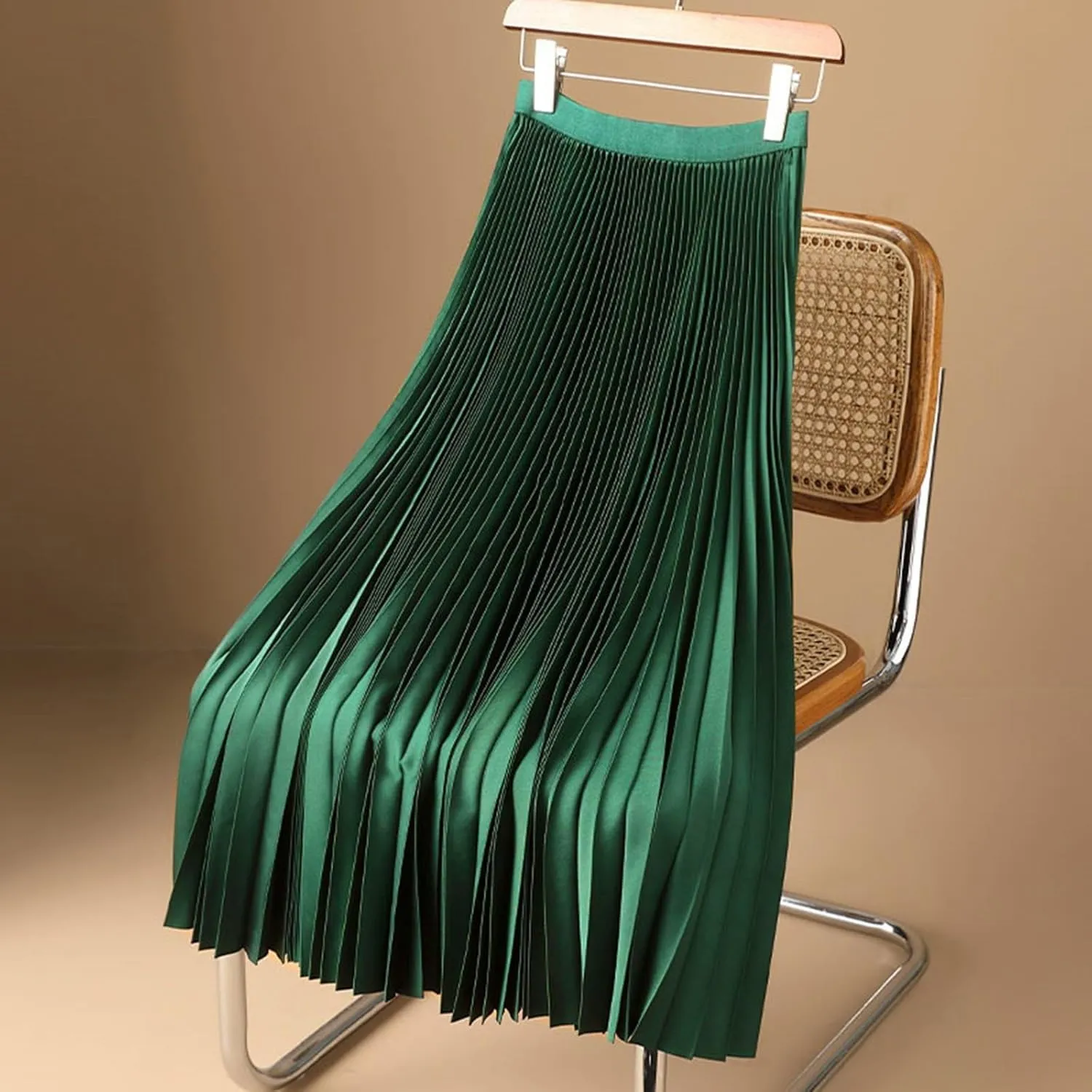 Boho Maxi Skirt for Summer Vacation 2025 High Elastic Waist Trendy Solid Color Pleated A-Line Satin Soft Long Skirts