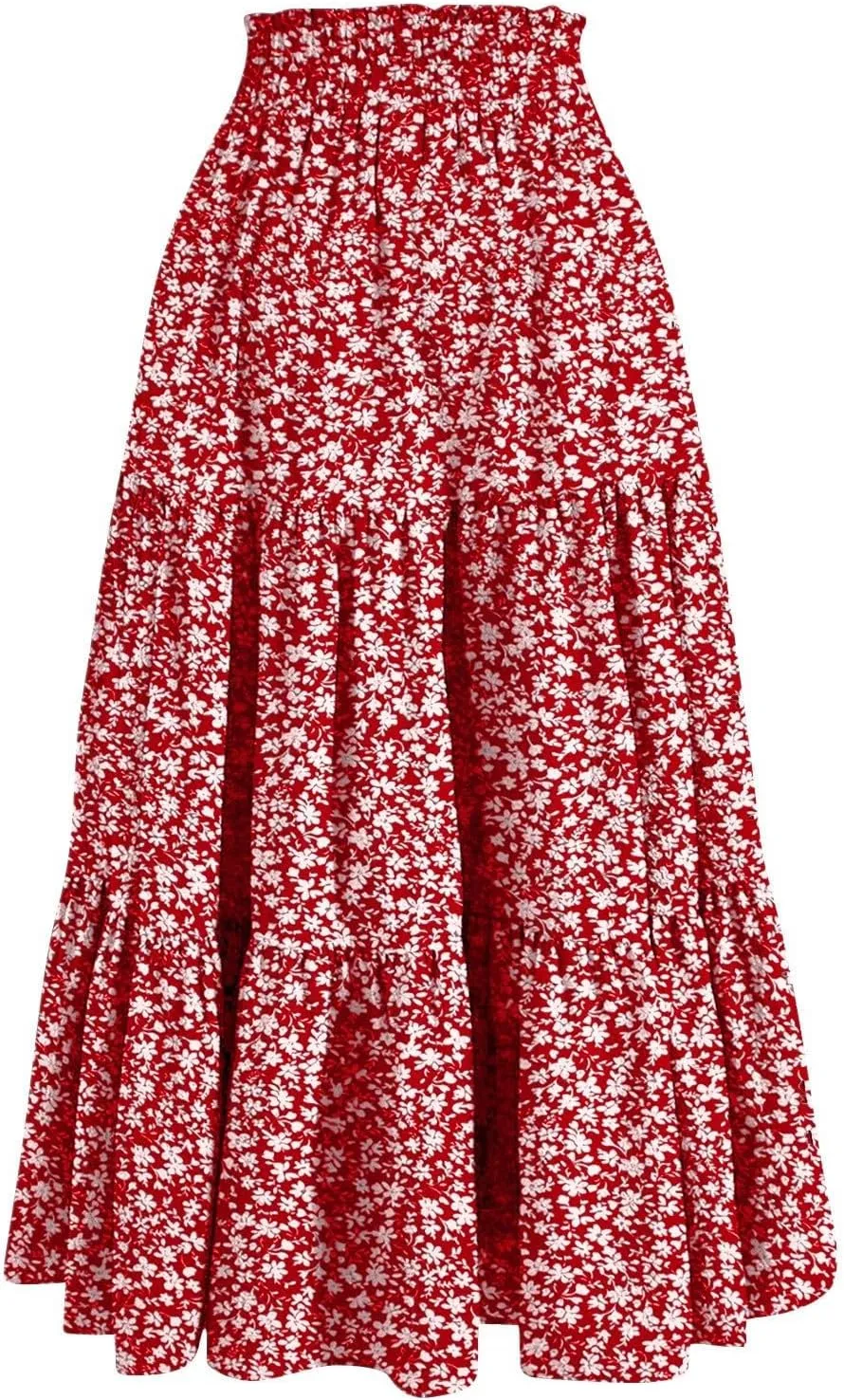 Boho Skirts for Women Drawstring Elastic High Waisted Summer Midi Skirt Work A Line Tiered Pleated Skirts Knee Length