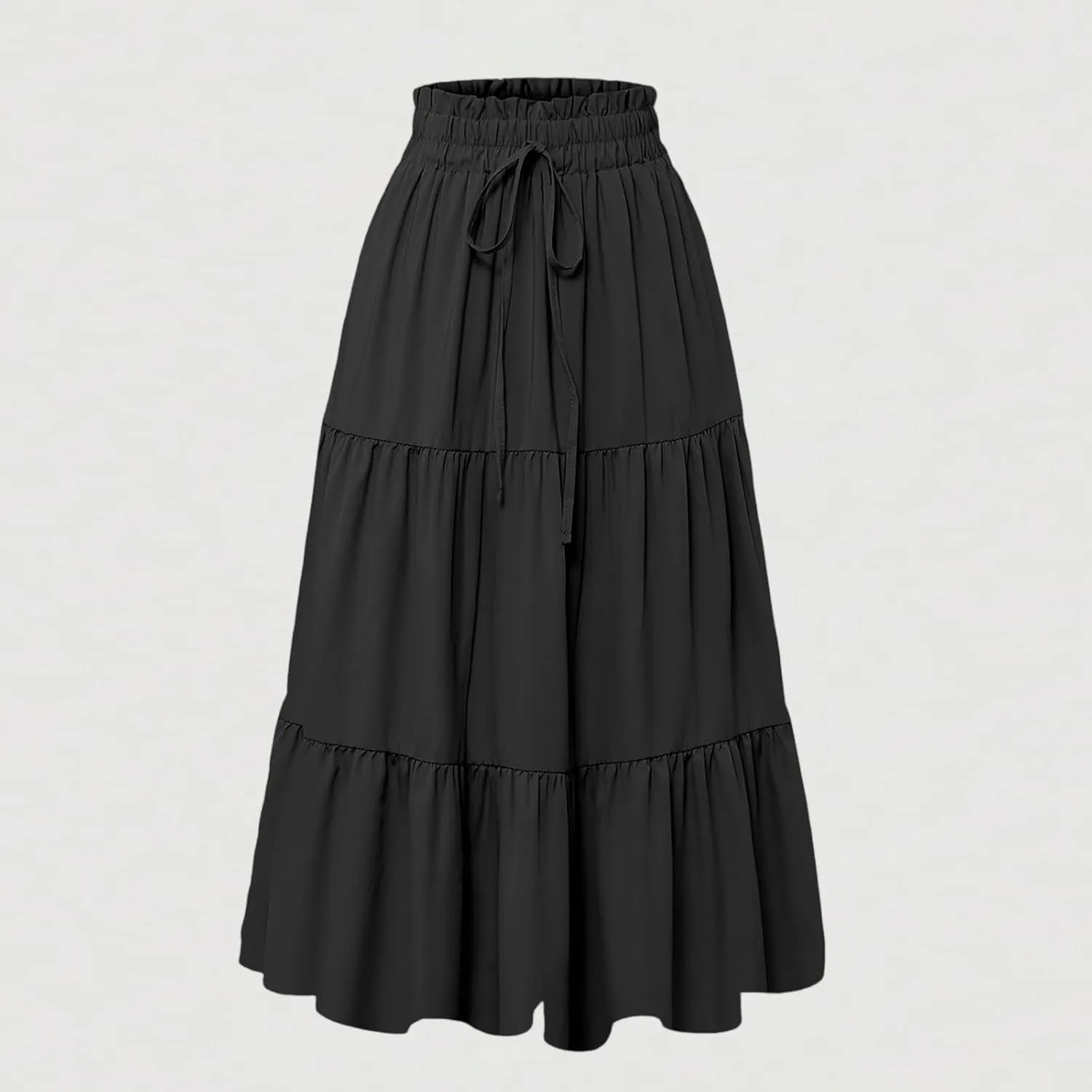 Boho Skirts for Women Drawstring Elastic High Waisted Summer Midi Skirt Work A Line Tiered Pleated Skirts Knee Length