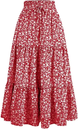 Boho Skirts for Women Drawstring Elastic High Waisted Summer Midi Skirt Work A Line Tiered Pleated Skirts Knee Length
