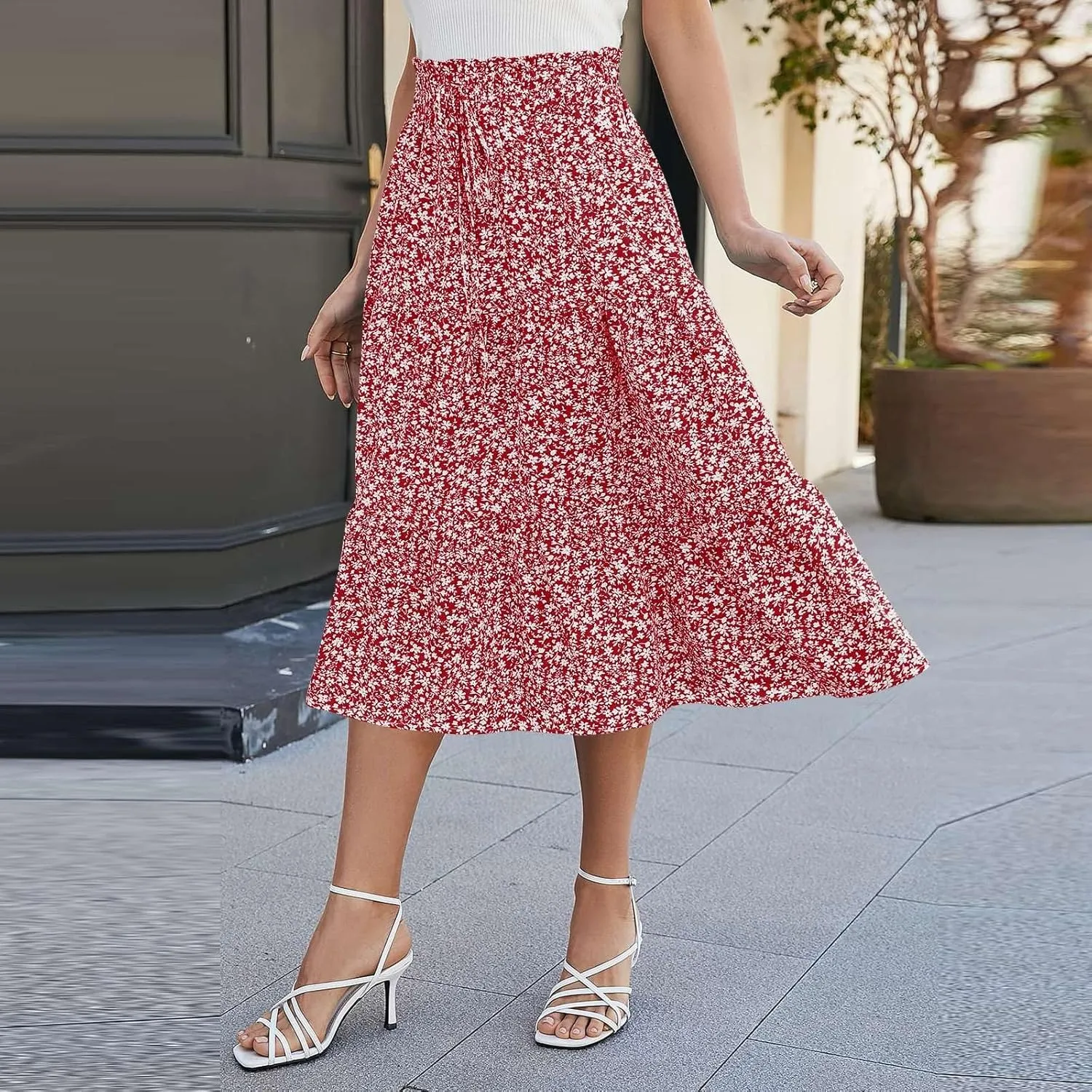 Boho Skirts for Women Drawstring Elastic High Waisted Summer Midi Skirt Work A Line Tiered Pleated Skirts Knee Length
