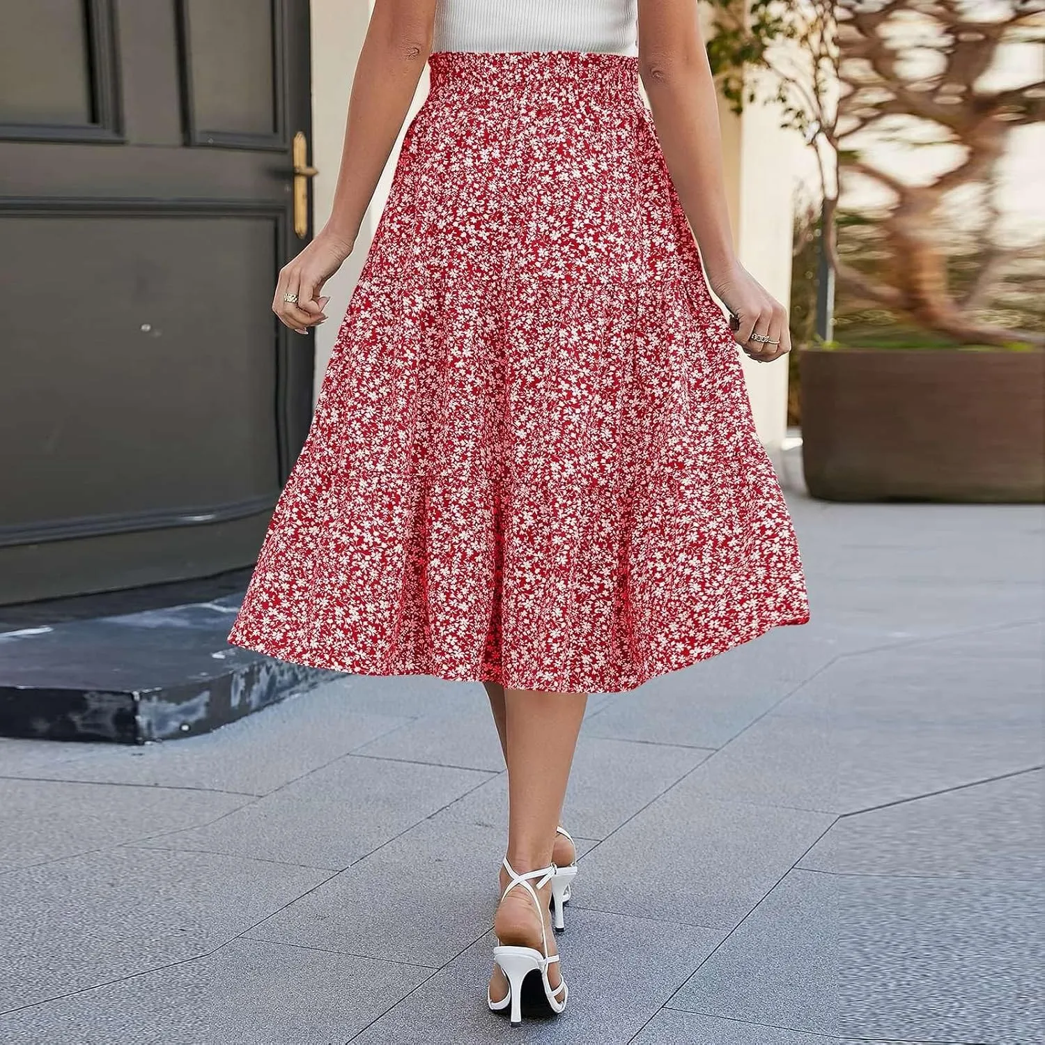Boho Skirts for Women Drawstring Elastic High Waisted Summer Midi Skirt Work A Line Tiered Pleated Skirts Knee Length