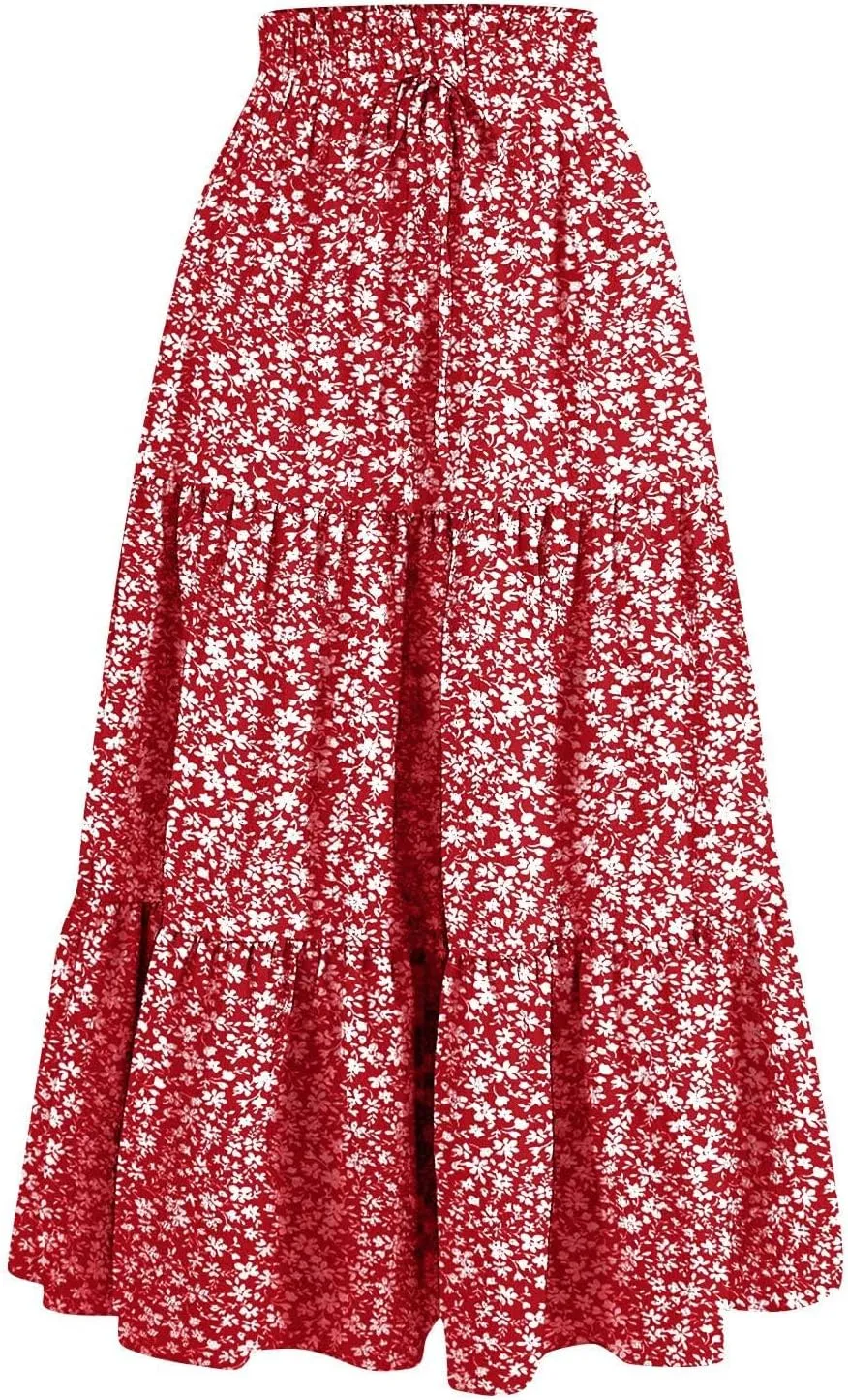 Boho Skirts for Women Drawstring Elastic High Waisted Summer Midi Skirt Work A Line Tiered Pleated Skirts Knee Length