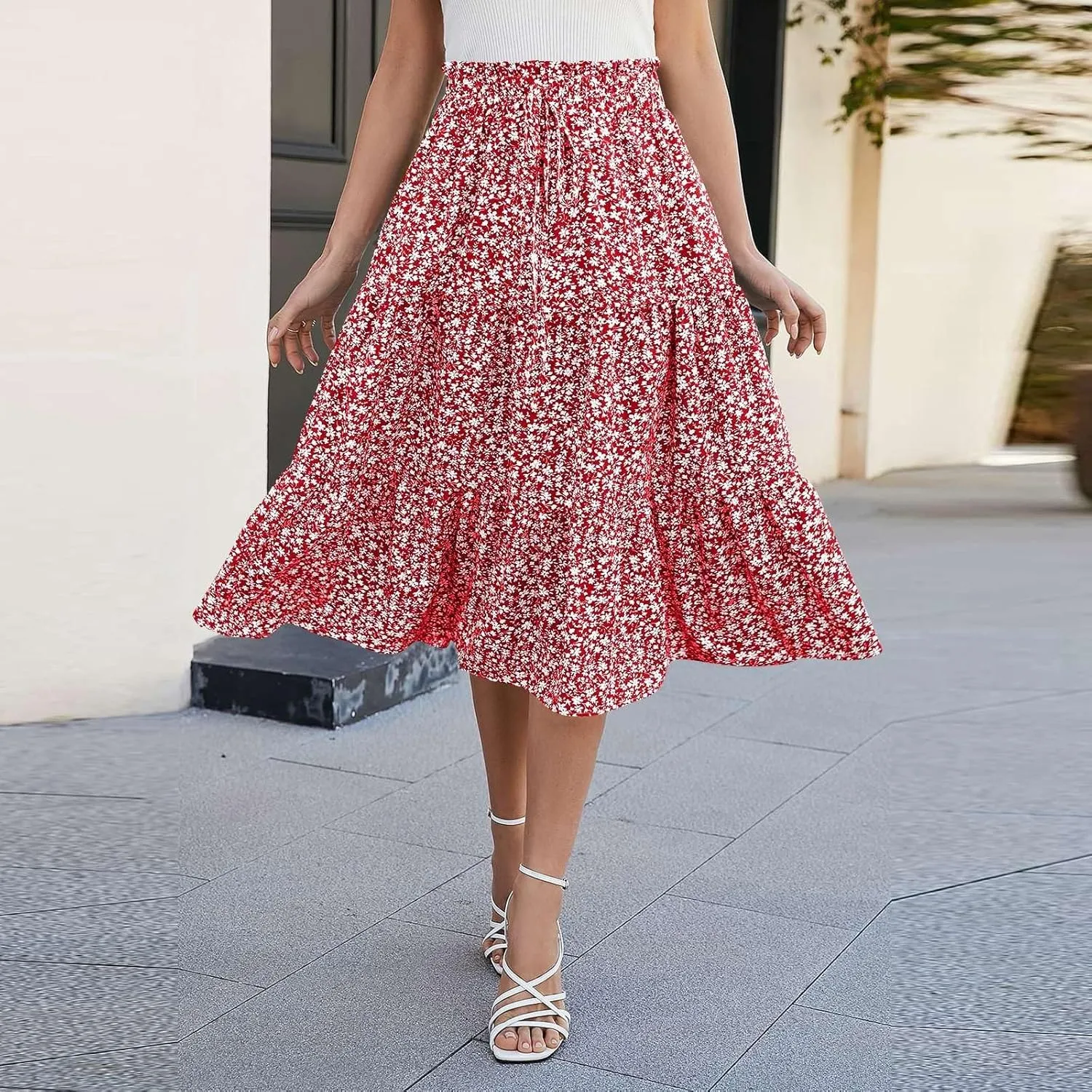 Boho Skirts for Women Drawstring Elastic High Waisted Summer Midi Skirt Work A Line Tiered Pleated Skirts Knee Length