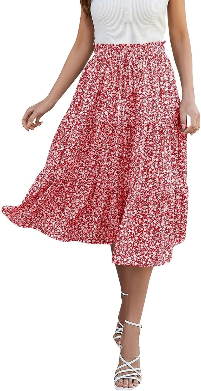 Boho Skirts for Women Drawstring Elastic High Waisted Summer Midi Skirt Work A Line Tiered Pleated Skirts Knee Length
