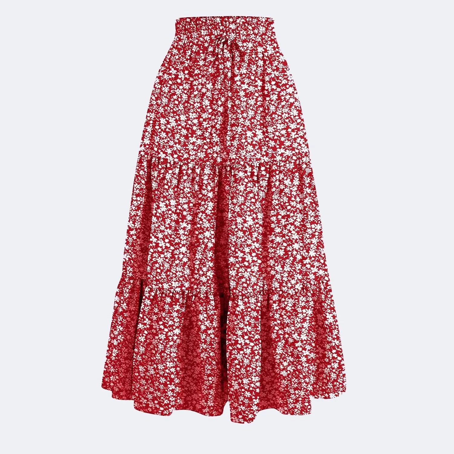 Boho Skirts for Women Drawstring Elastic High Waisted Summer Midi Skirt Work A Line Tiered Pleated Skirts Knee Length