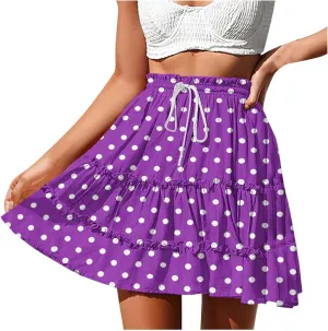 Boho Skirts for Women Summer Casual Elastic High Waist Drawstring Polka Dots Tie-up Flowy Short Mini Skirt
