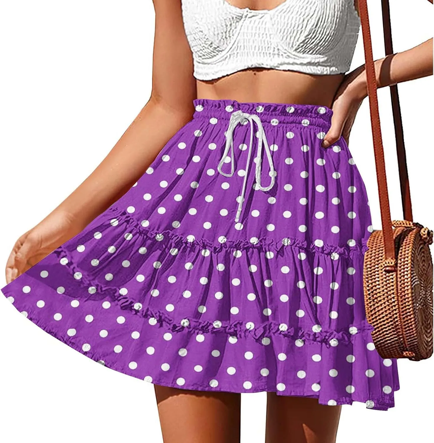 Boho Skirts for Women Summer Casual Elastic High Waist Drawstring Polka Dots Tie-up Flowy Short Mini Skirt