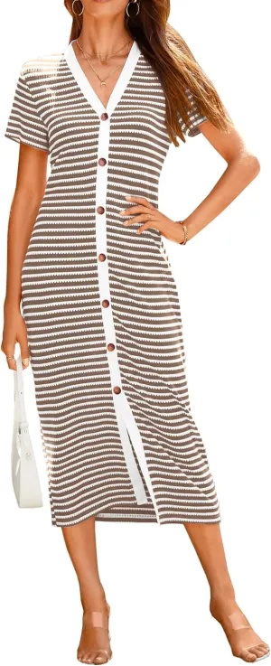 BTFBM Women Casual Summer Dresses Short Sleeve Striped Midi Dresses Decorative Button Ribbed Knit Dresses Party Dresses