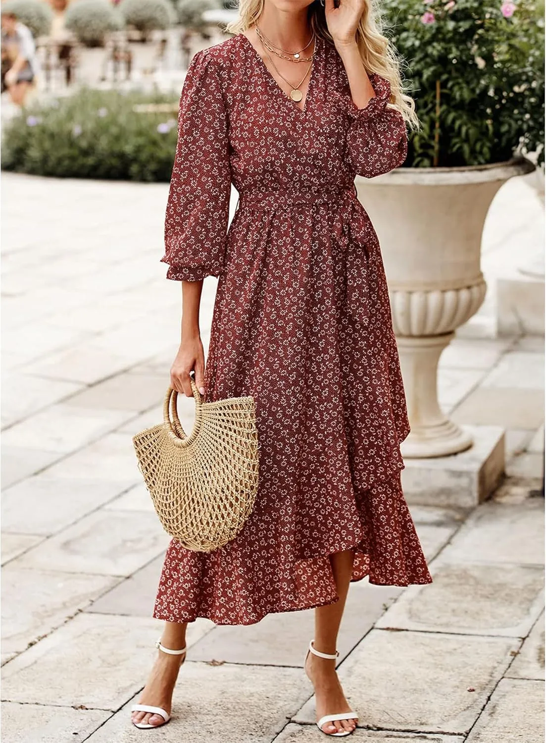 BTFBM Women Long Sleeve Dresses Spring Summer Clothes 2025 V Neck Floral High Waist Ruffle Boho Wedding Guest Dress