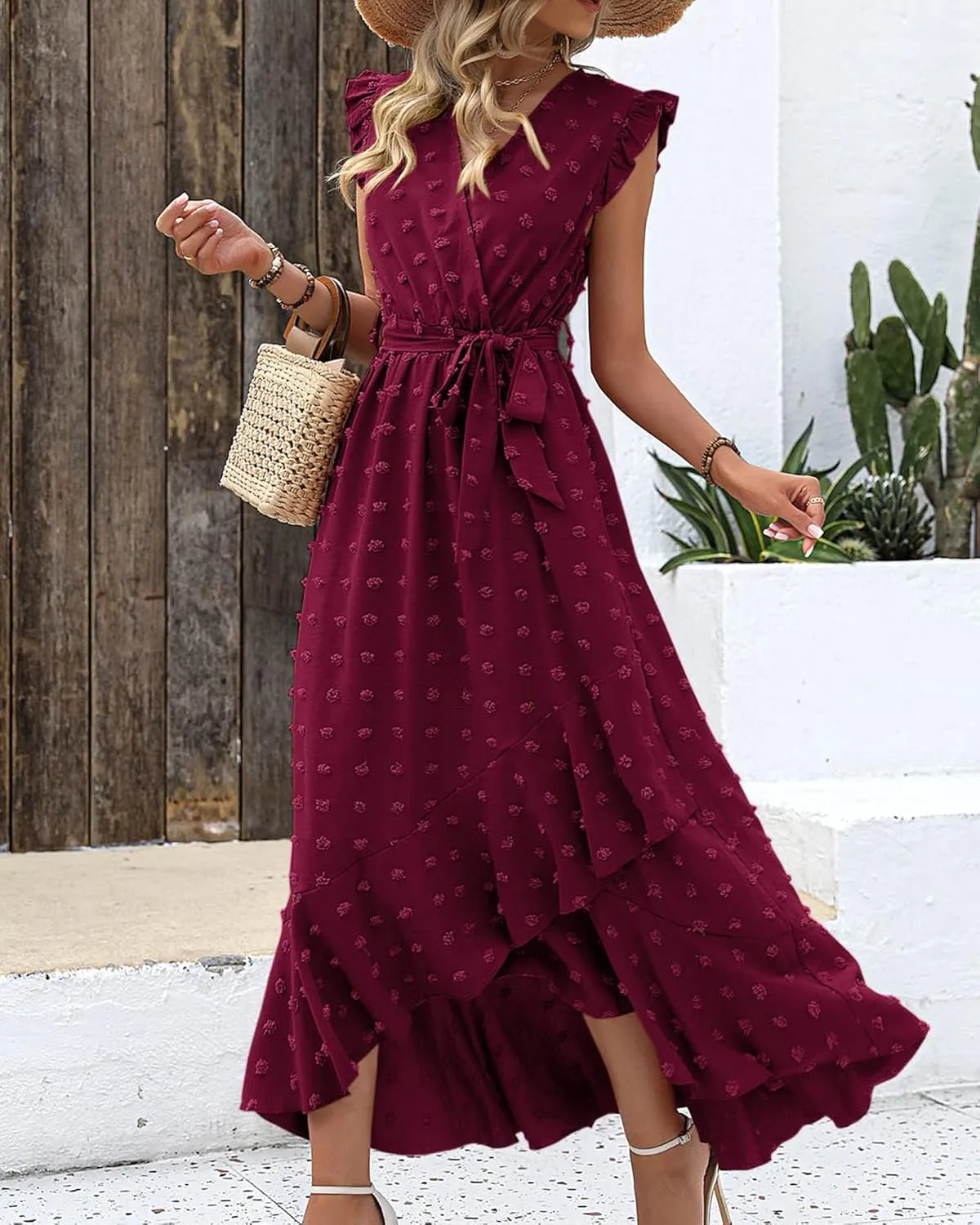 BTFBM Women V Neck Summer Dress 2025 Cap Sleeve Swiss Dot Boho Flowy Ruffle Slit Beach Party Long Maxi Cocktail Dresses