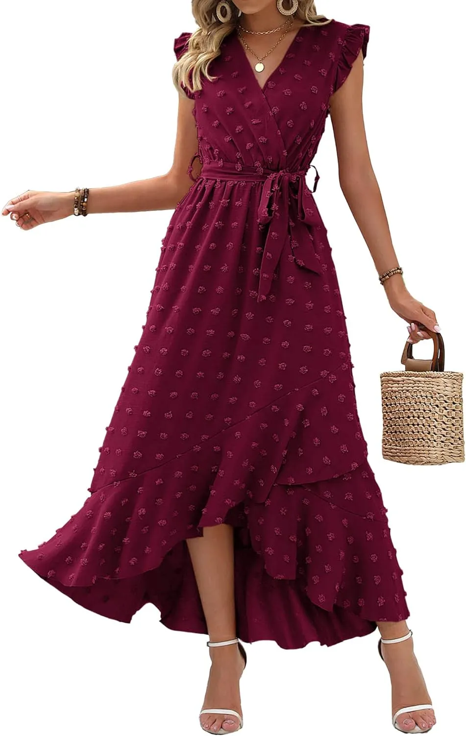 BTFBM Women V Neck Summer Dress 2025 Cap Sleeve Swiss Dot Boho Flowy Ruffle Slit Beach Party Long Maxi Cocktail Dresses