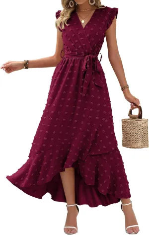 BTFBM Women V Neck Summer Dress 2025 Cap Sleeve Swiss Dot Boho Flowy Ruffle Slit Beach Party Long Maxi Cocktail Dresses