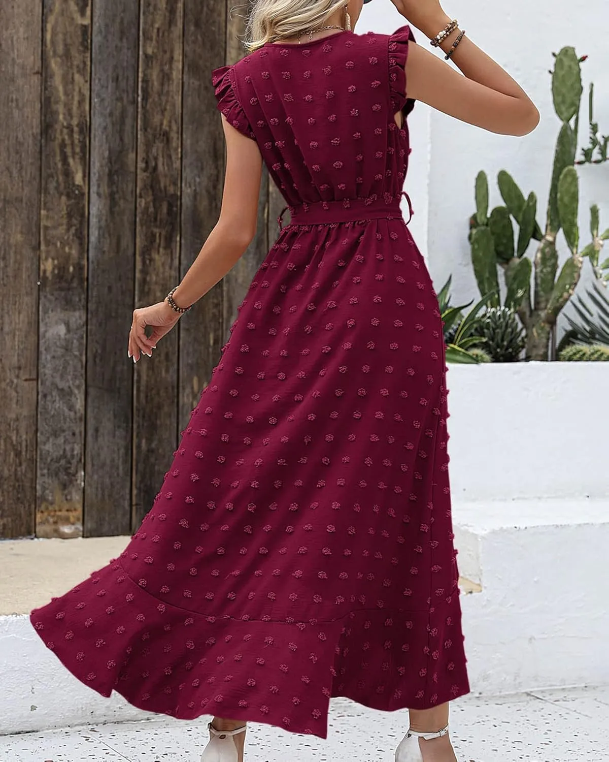 BTFBM Women V Neck Summer Dress 2025 Cap Sleeve Swiss Dot Boho Flowy Ruffle Slit Beach Party Long Maxi Cocktail Dresses