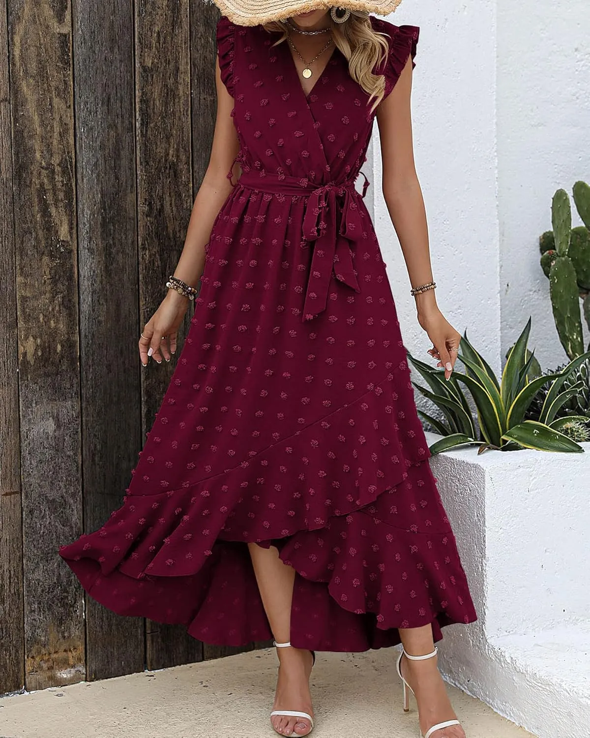 BTFBM Women V Neck Summer Dress 2025 Cap Sleeve Swiss Dot Boho Flowy Ruffle Slit Beach Party Long Maxi Cocktail Dresses