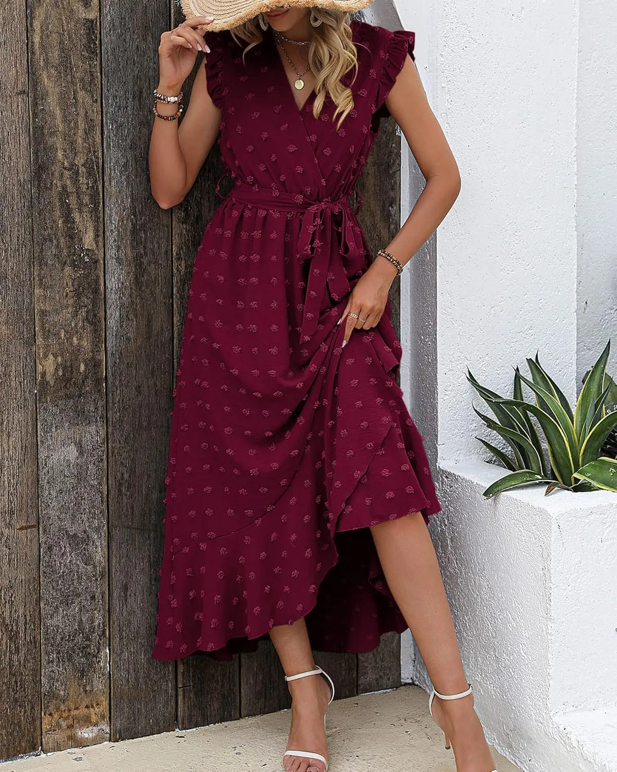 BTFBM Women V Neck Summer Dress 2025 Cap Sleeve Swiss Dot Boho Flowy Ruffle Slit Beach Party Long Maxi Cocktail Dresses