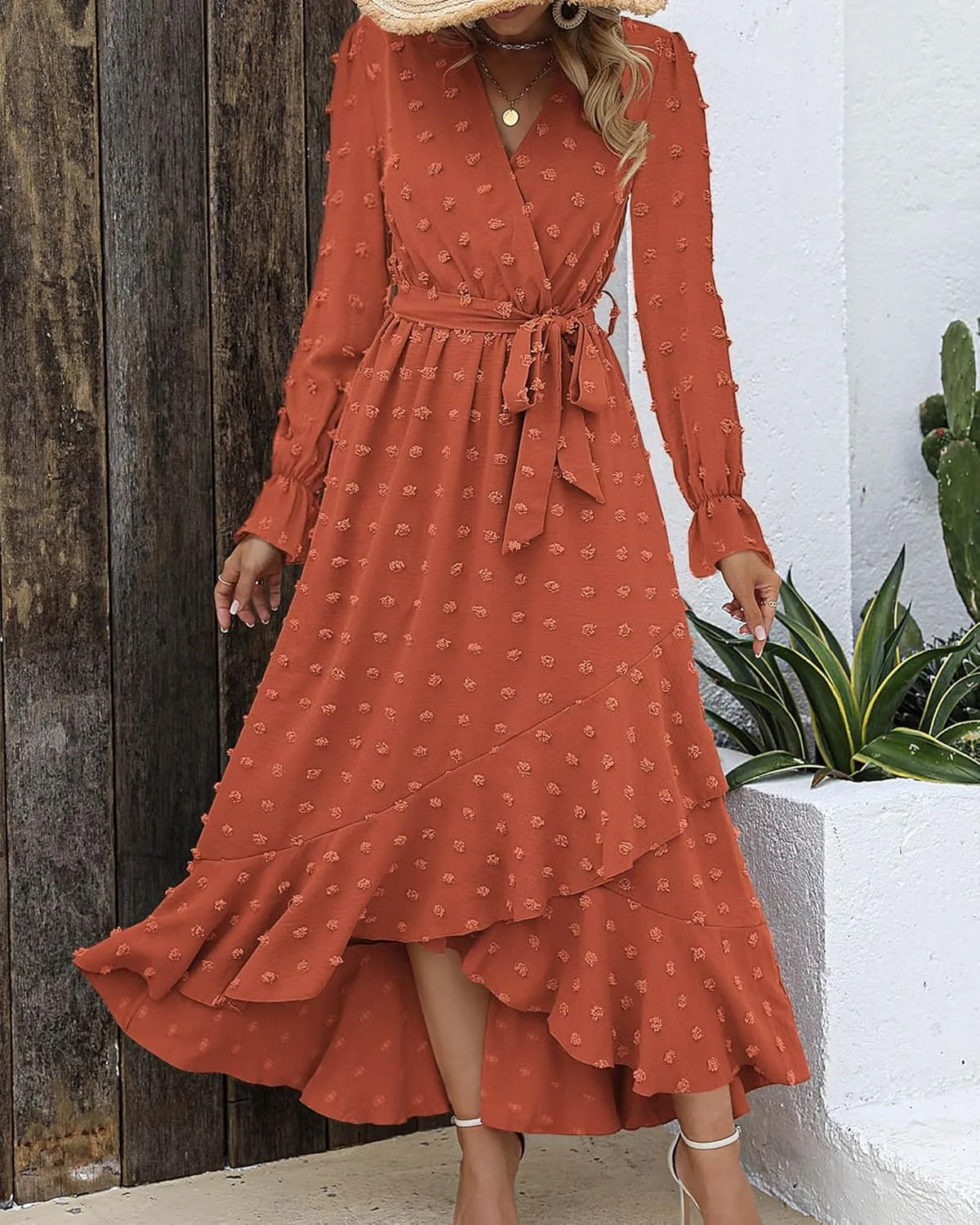 BTFBM Womens Boho Cocktail Maxi Dress Fall Fashion 2025 V Neck Long Sleeve Swiss Dot Flowy Slit Wedding Guest Dresses