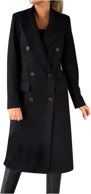 BZGTZT Women's Winter Wool Blend Coats Elegant Notch Lapel Trench Coat Long Jacket Ladies Work Double Breasted Maxi Overcoat