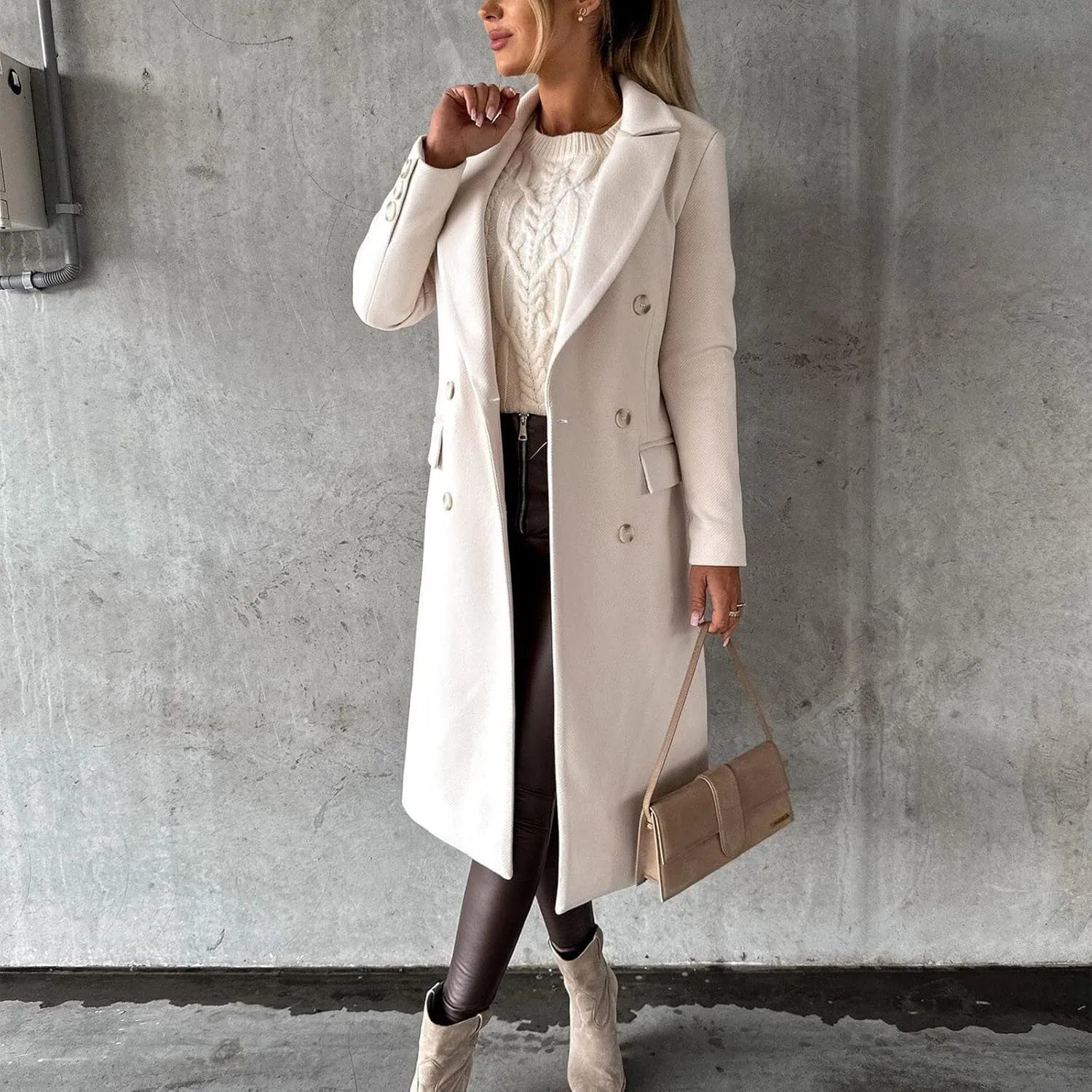BZGTZT Women's Winter Wool Blend Coats Elegant Notch Lapel Trench Coat Long Jacket Ladies Work Double Breasted Maxi Overcoat