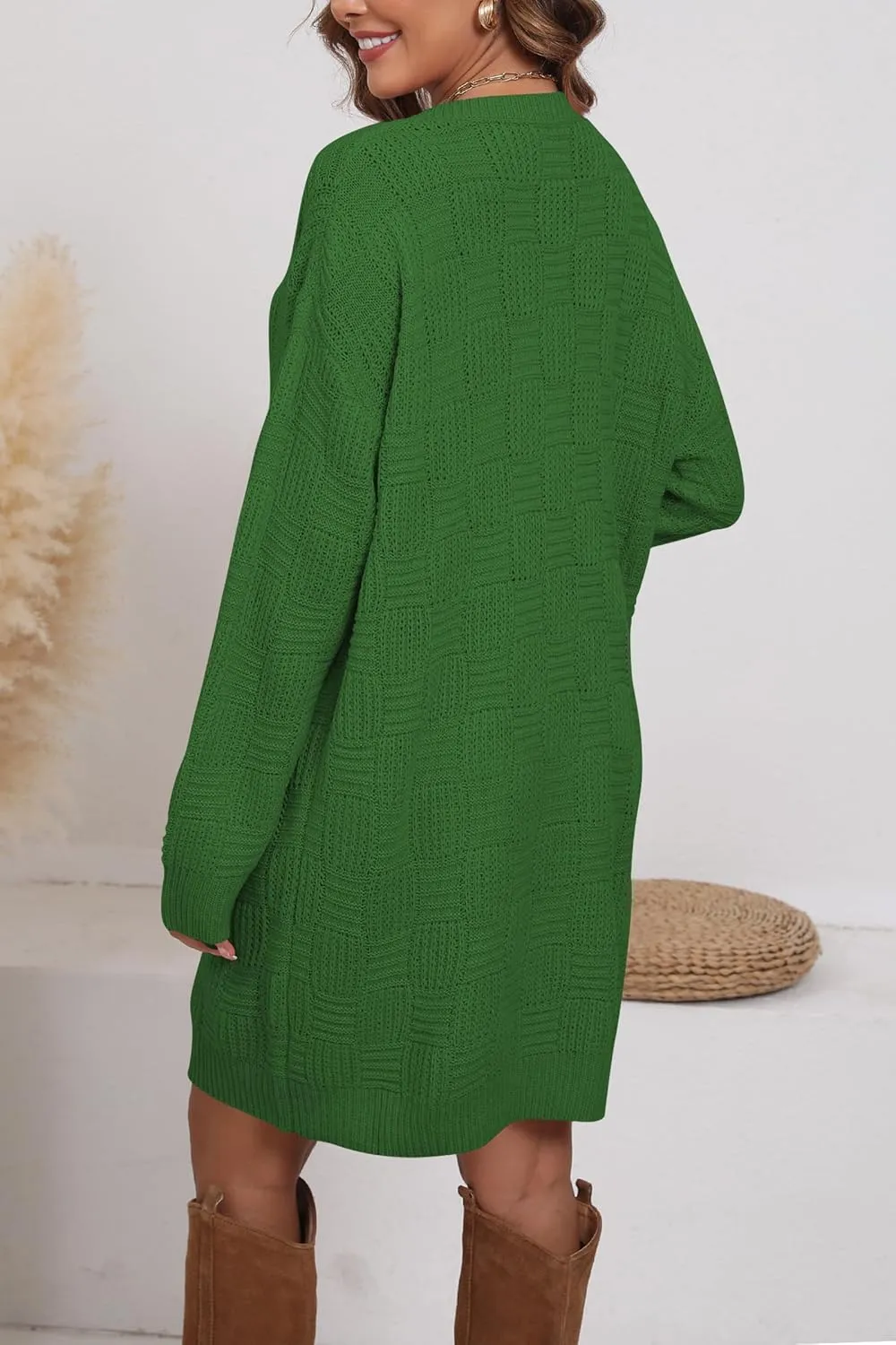 Cakulo Womens Oversized Checkered Sweater Dress 2024 Fall Long Pullover Chunky Sweaters Trendy Crewneck Knit Dresses