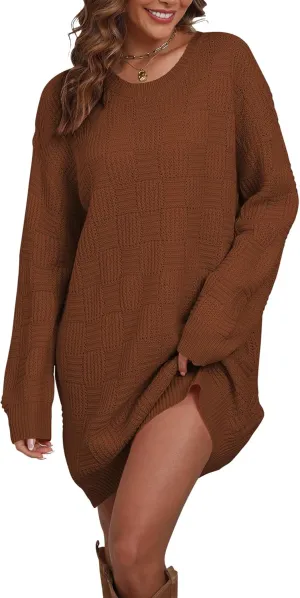 Cakulo Womens Oversized Checkered Sweater Dress 2024 Fall Long Pullover Chunky Sweaters Trendy Crewneck Knit Dresses