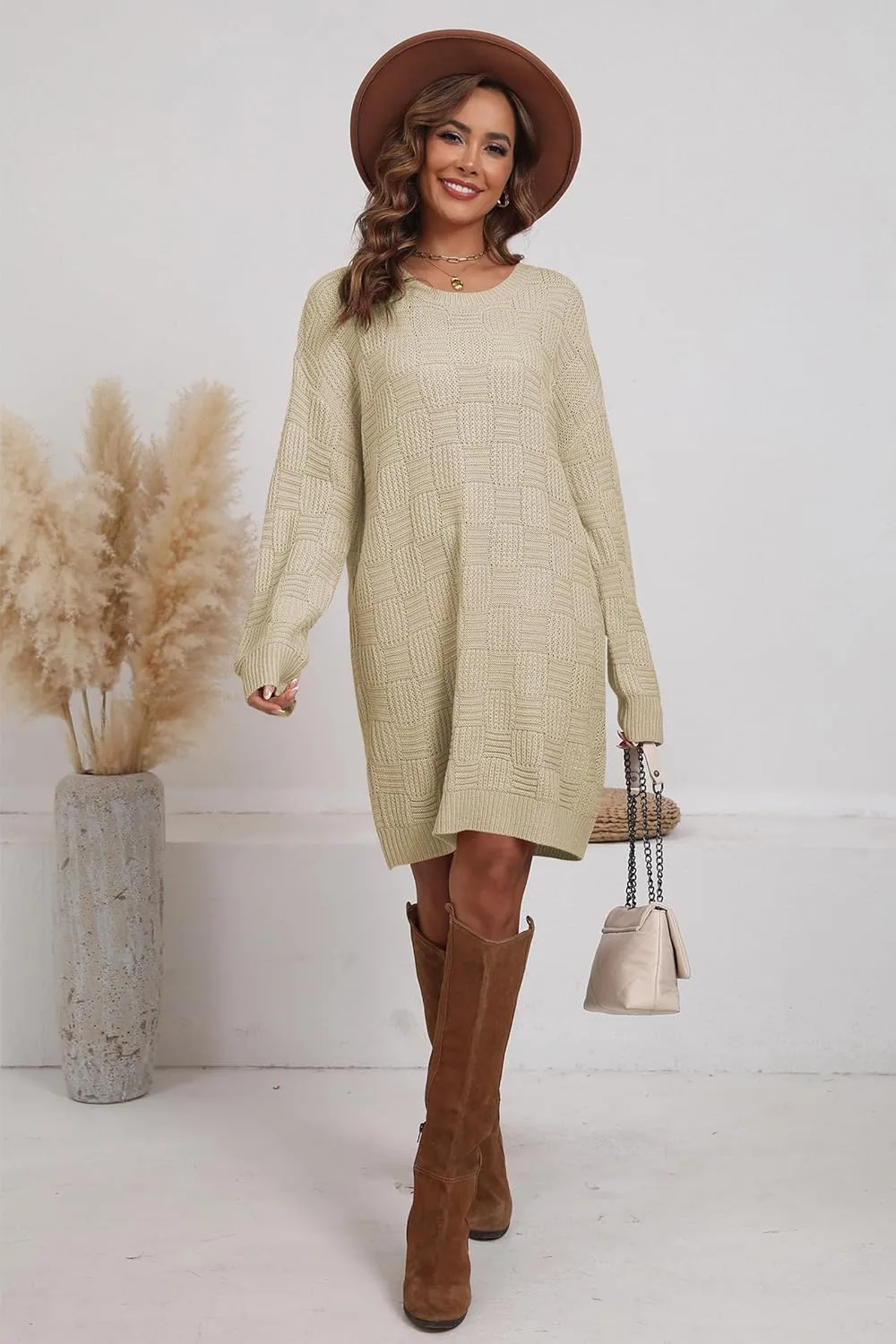 Cakulo Womens Oversized Checkered Sweater Dress 2024 Fall Long Pullover Chunky Sweaters Trendy Crewneck Knit Dresses
