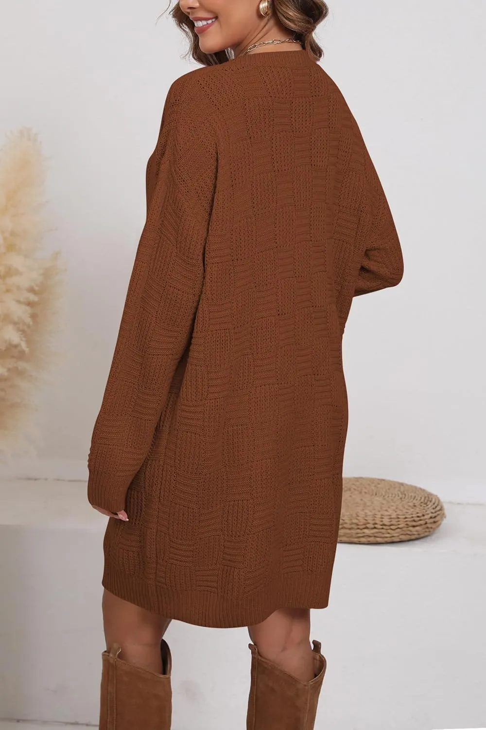 Cakulo Womens Oversized Checkered Sweater Dress 2024 Fall Long Pullover Chunky Sweaters Trendy Crewneck Knit Dresses