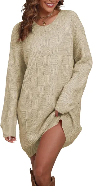 Cakulo Womens Oversized Checkered Sweater Dress 2024 Fall Long Pullover Chunky Sweaters Trendy Crewneck Knit Dresses