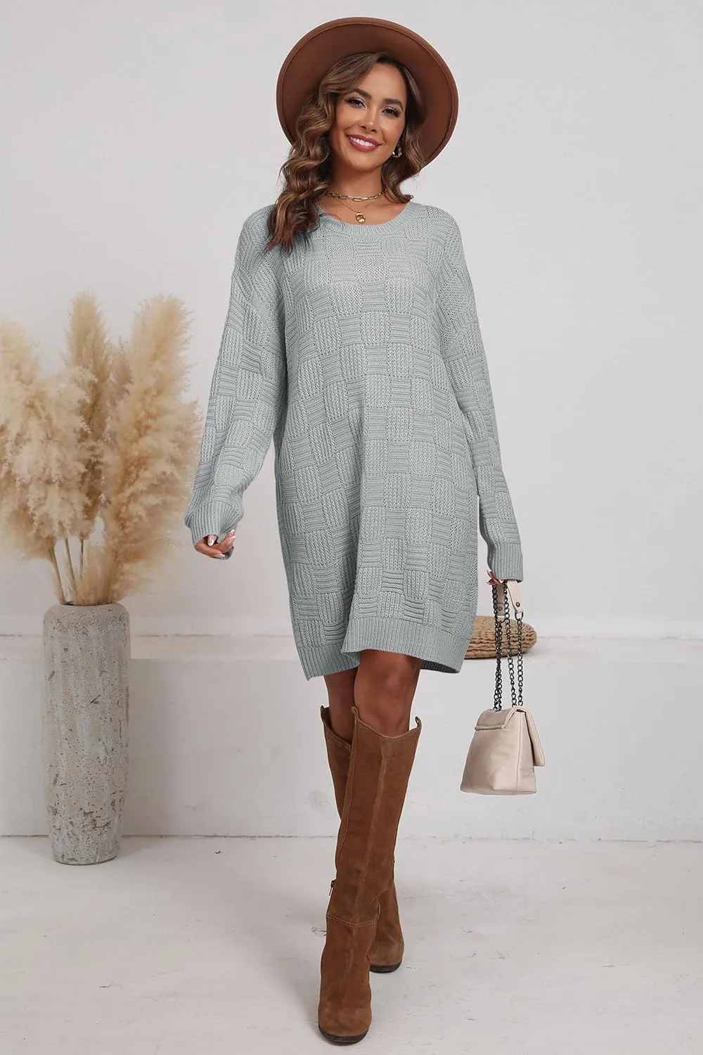 Cakulo Womens Oversized Checkered Sweater Dress 2024 Fall Long Pullover Chunky Sweaters Trendy Crewneck Knit Dresses