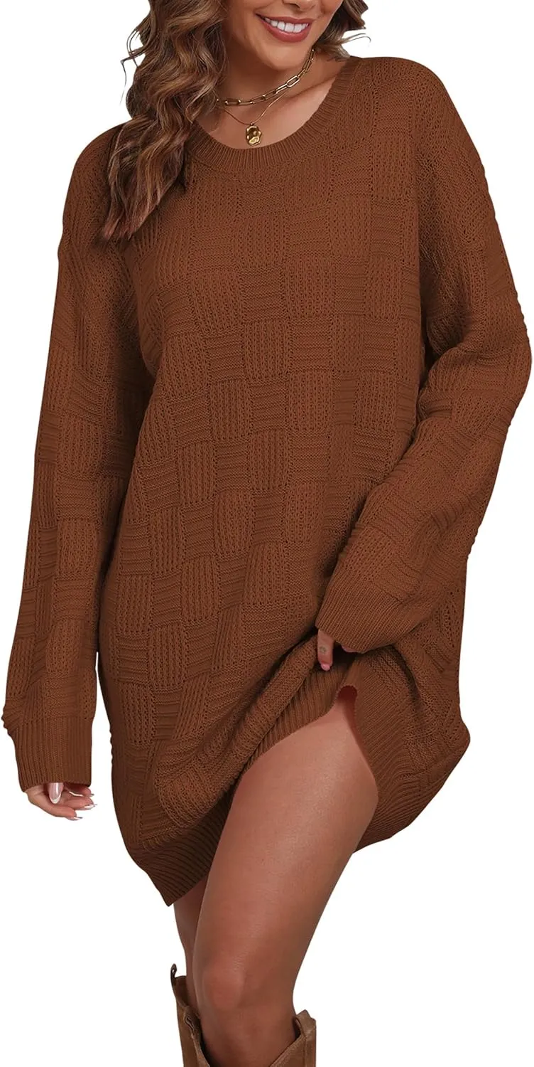 Cakulo Womens Oversized Checkered Sweater Dress 2024 Fall Long Pullover Chunky Sweaters Trendy Crewneck Knit Dresses