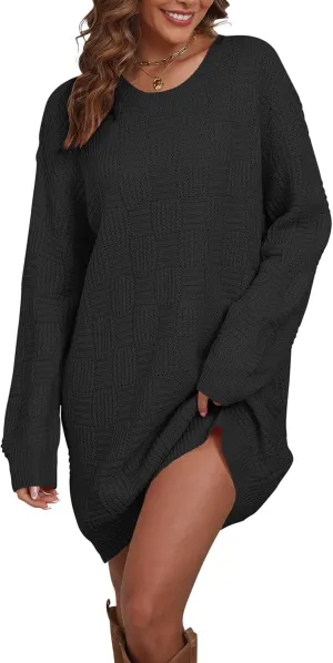 Cakulo Womens Oversized Checkered Sweater Dress 2024 Fall Long Pullover Chunky Sweaters Trendy Crewneck Knit Dresses