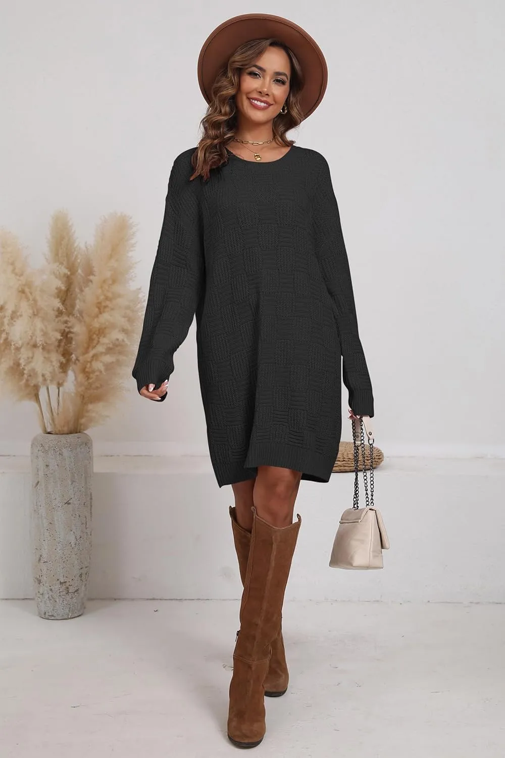 Cakulo Womens Oversized Checkered Sweater Dress 2024 Fall Long Pullover Chunky Sweaters Trendy Crewneck Knit Dresses