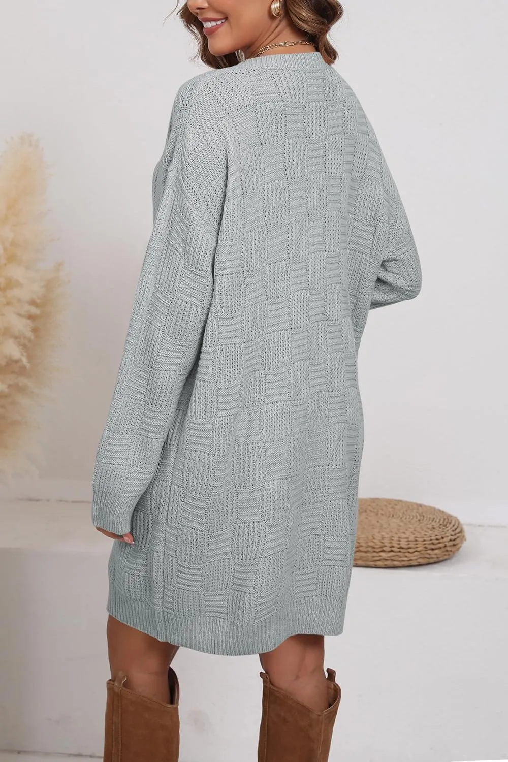 Cakulo Womens Oversized Checkered Sweater Dress 2024 Fall Long Pullover Chunky Sweaters Trendy Crewneck Knit Dresses