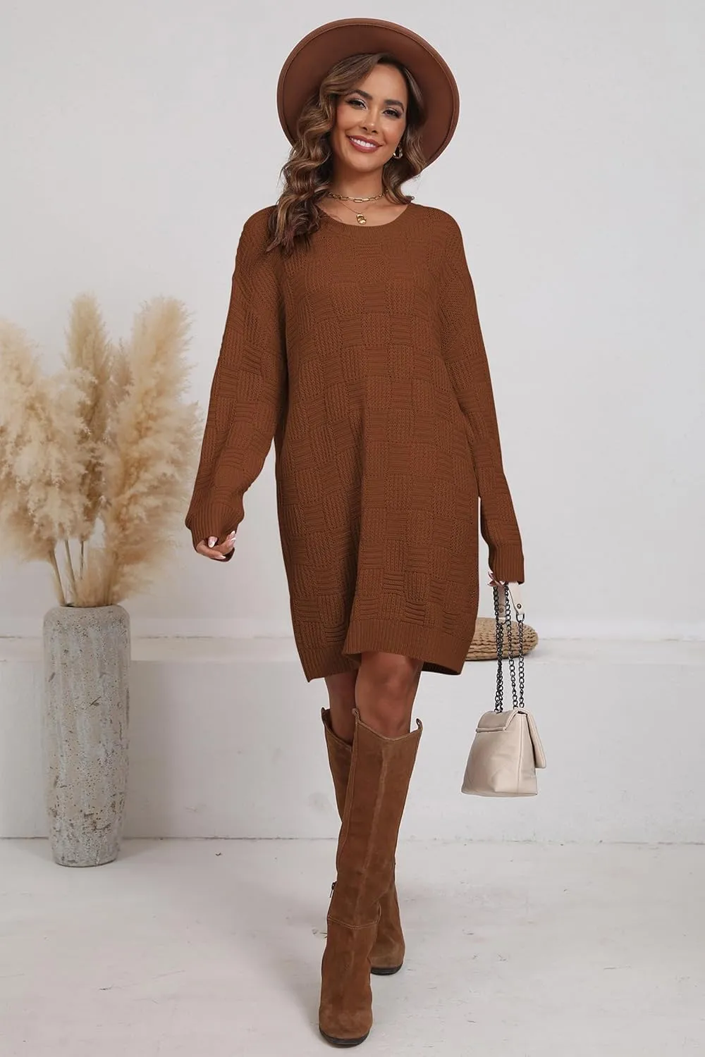 Cakulo Womens Oversized Checkered Sweater Dress 2024 Fall Long Pullover Chunky Sweaters Trendy Crewneck Knit Dresses