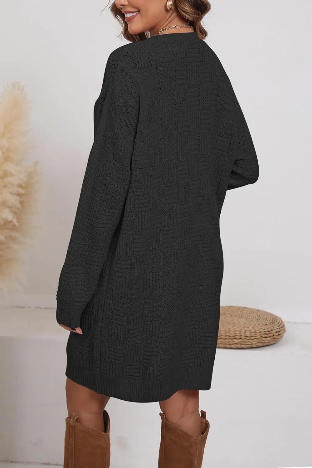 Cakulo Womens Oversized Checkered Sweater Dress 2024 Fall Long Pullover Chunky Sweaters Trendy Crewneck Knit Dresses