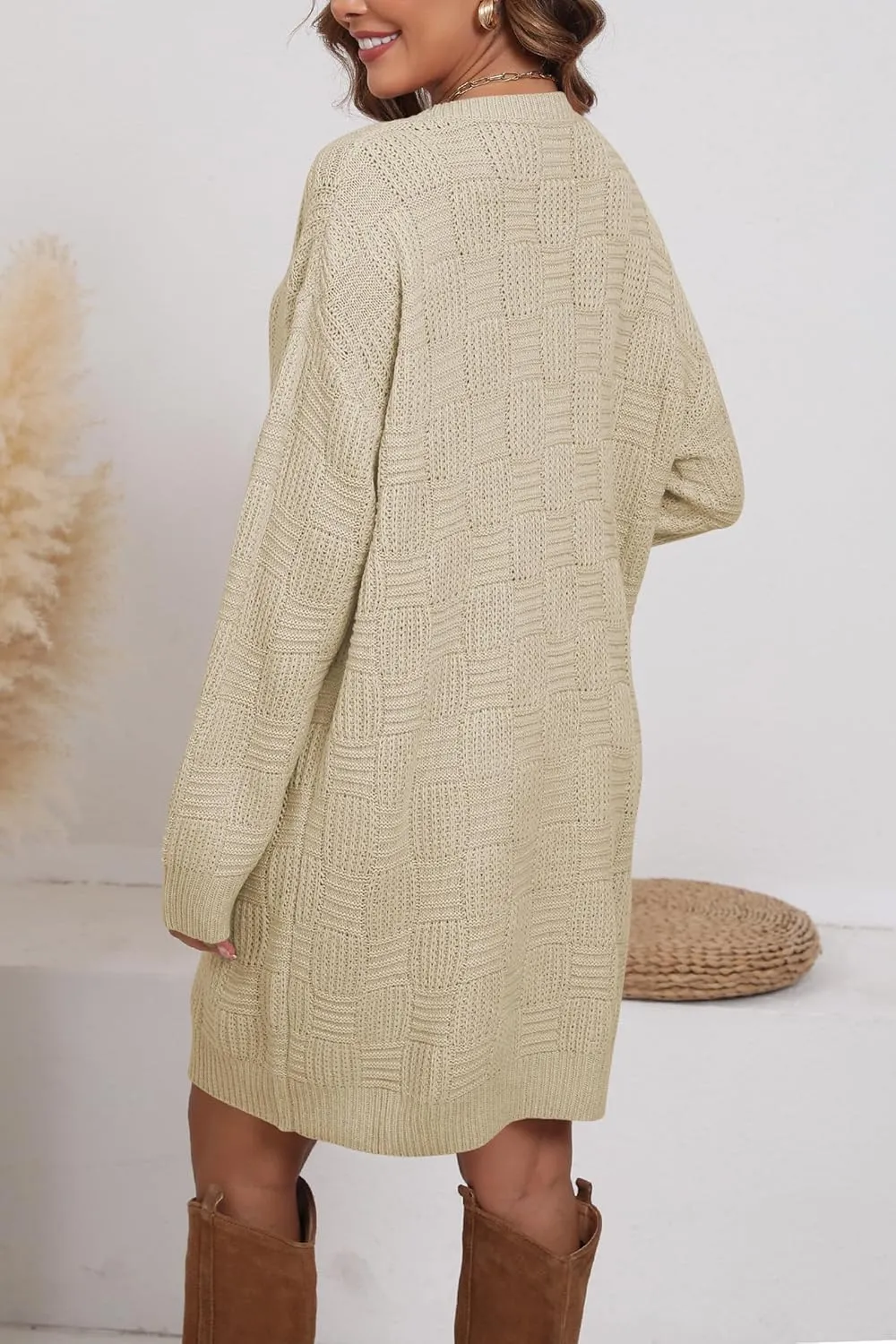 Cakulo Womens Oversized Checkered Sweater Dress 2024 Fall Long Pullover Chunky Sweaters Trendy Crewneck Knit Dresses