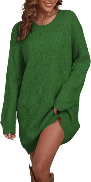 Cakulo Womens Oversized Checkered Sweater Dress 2024 Fall Long Pullover Chunky Sweaters Trendy Crewneck Knit Dresses
