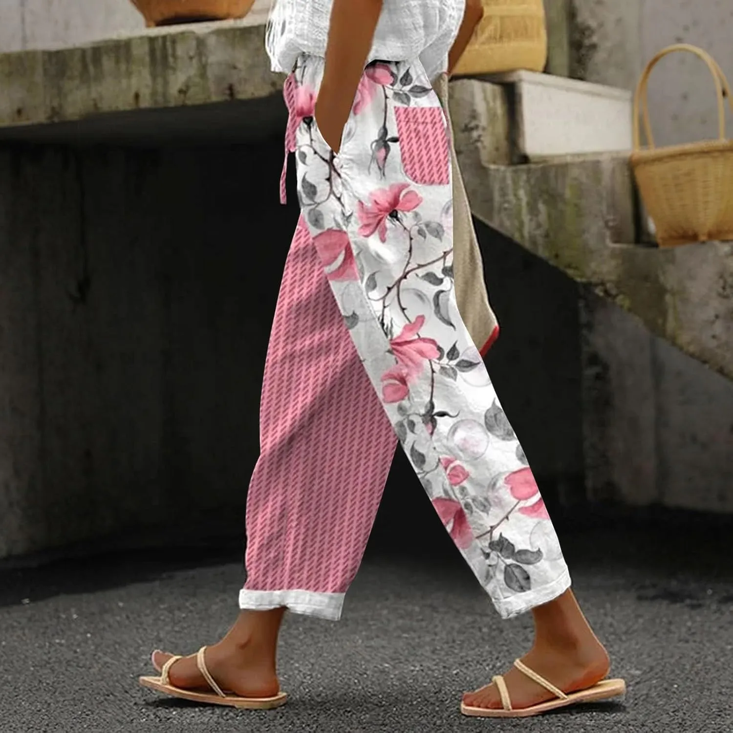 Capri Linen Pants for Women Drawstring Capri Pants with Pockets Wide Leg Cropped Pants for Women Womens Linen Pants