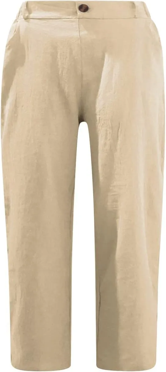 Capris for Women Casual Summer Cotton Linen Pants Straight Leg Cropped Lounge Trousers Elastic High Waist Pants