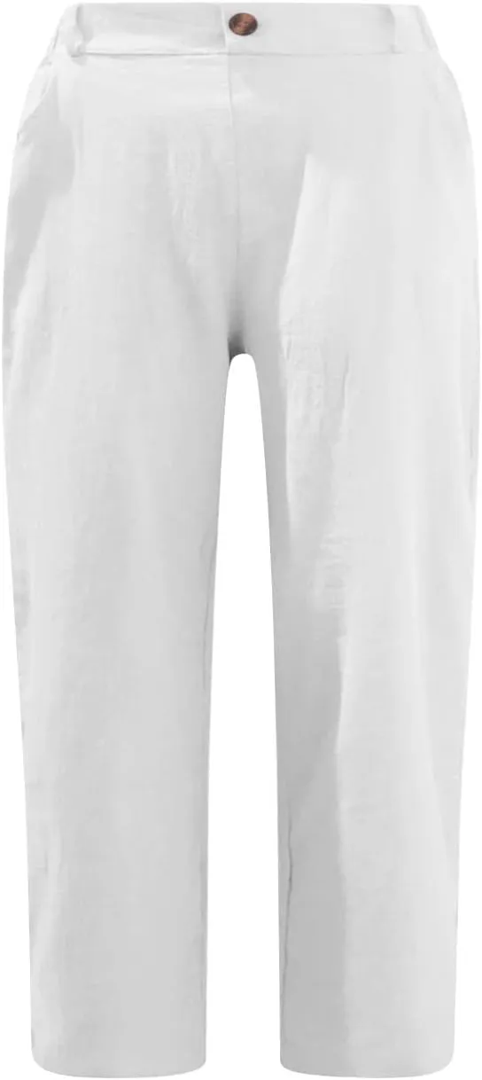 Capris for Women Casual Summer Cotton Linen Pants Straight Leg Cropped Lounge Trousers Elastic High Waist Pants