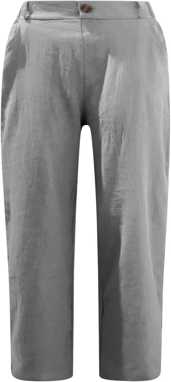 Capris for Women Casual Summer Cotton Linen Pants Straight Leg Cropped Lounge Trousers Elastic High Waist Pants