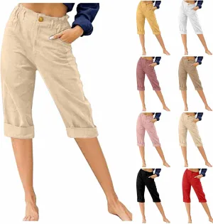 Capris for Women Casual Summer Cotton Linen Pants Straight Leg Cropped Lounge Trousers Elastic High Waist Pants