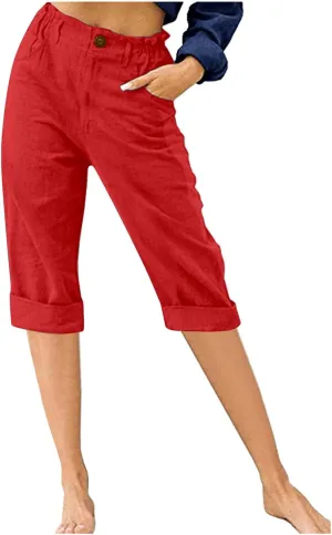 Capris for Women Casual Summer Cotton Linen Pants Straight Leg Cropped Lounge Trousers Elastic High Waist Pants