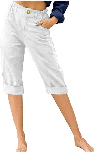 Capris for Women Casual Summer Cotton Linen Pants Straight Leg Cropped Lounge Trousers Elastic High Waist Pants