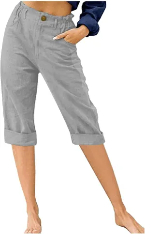 Capris for Women Casual Summer Cotton Linen Pants Straight Leg Cropped Lounge Trousers Elastic High Waist Pants