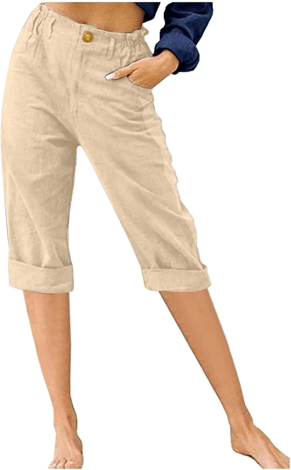 Capris for Women Casual Summer Cotton Linen Pants Straight Leg Cropped Lounge Trousers Elastic High Waist Pants