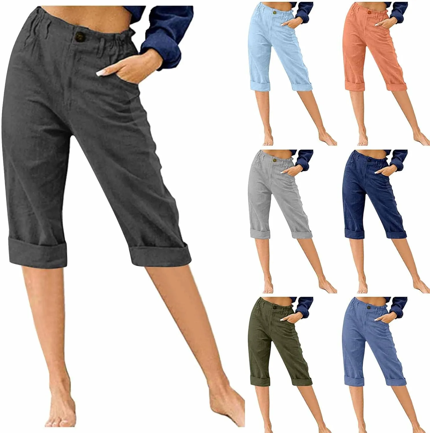 Capris for Women Casual Summer Cotton Linen Pants Straight Leg Cropped Lounge Trousers Elastic High Waist Pants