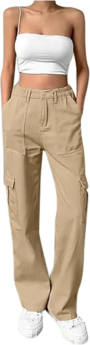 Cargo Pants Women Trendy Casual Pants with Pockets Womens Plain Straight Leg Trousers High Waist Pants