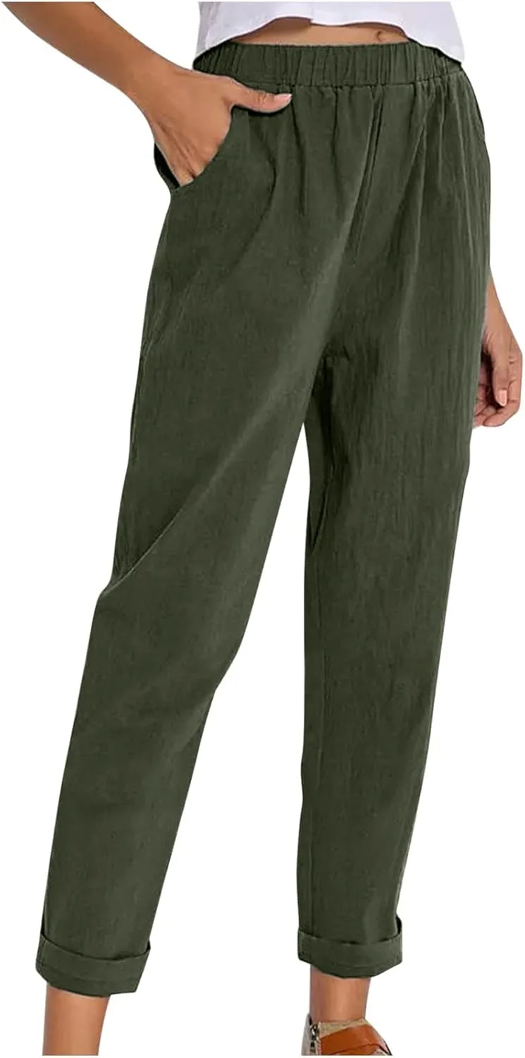 Casual Elastic Waist Trousers Womens Fashion Loose Straight Leg Pants Solid Soft Lightweight Pants with Pockets