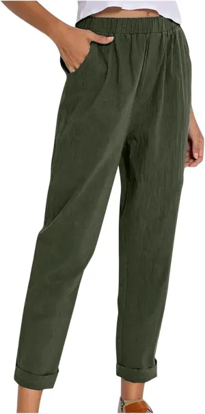Casual Elastic Waist Trousers Womens Fashion Loose Straight Leg Pants Solid Soft Lightweight Pants with Pockets
